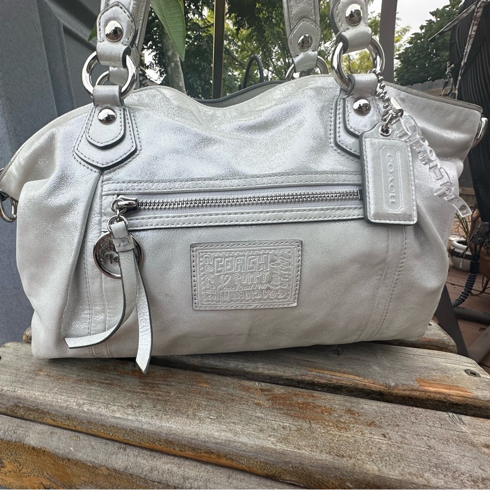 Coach Silver Poppy Satchel with Sleek Design and Silver-Tone Hardware